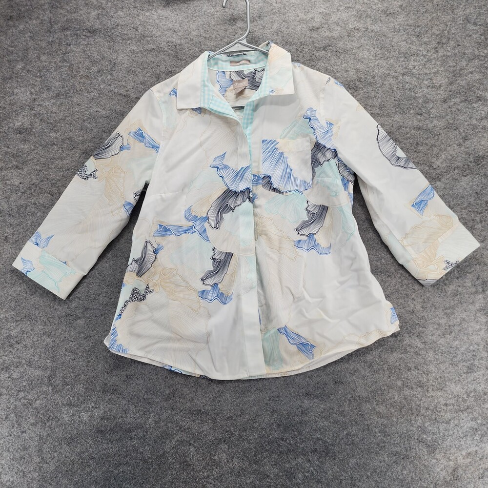 Chicos Shirt Womens 4/6 Button Up 3/4 Sleeve White Blue Floral No Iron